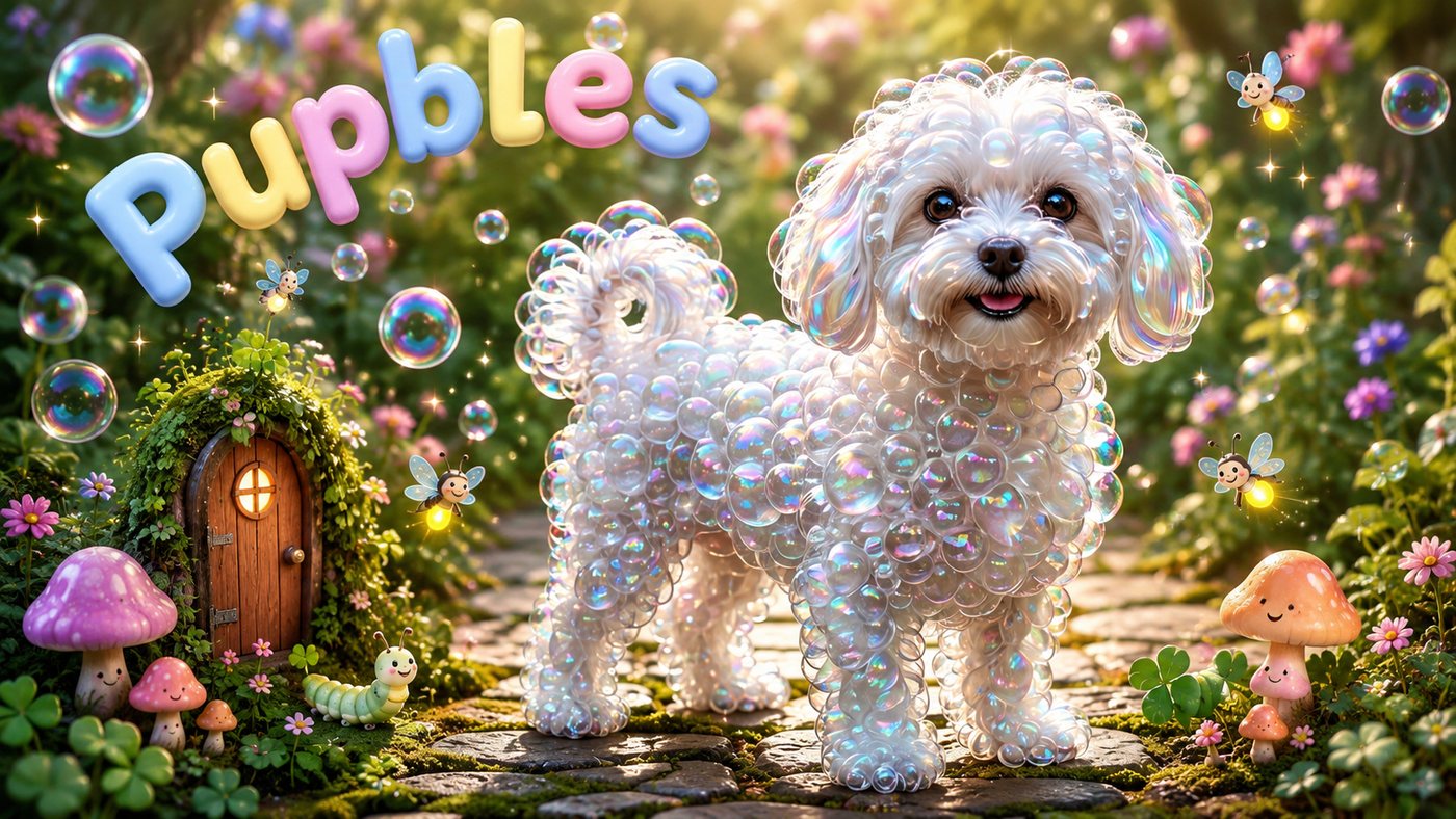 Pupbles, a bubbly white dog made of shimmering bubbles, standing on a stone path in a magical flower garden with glowing firefly friends
